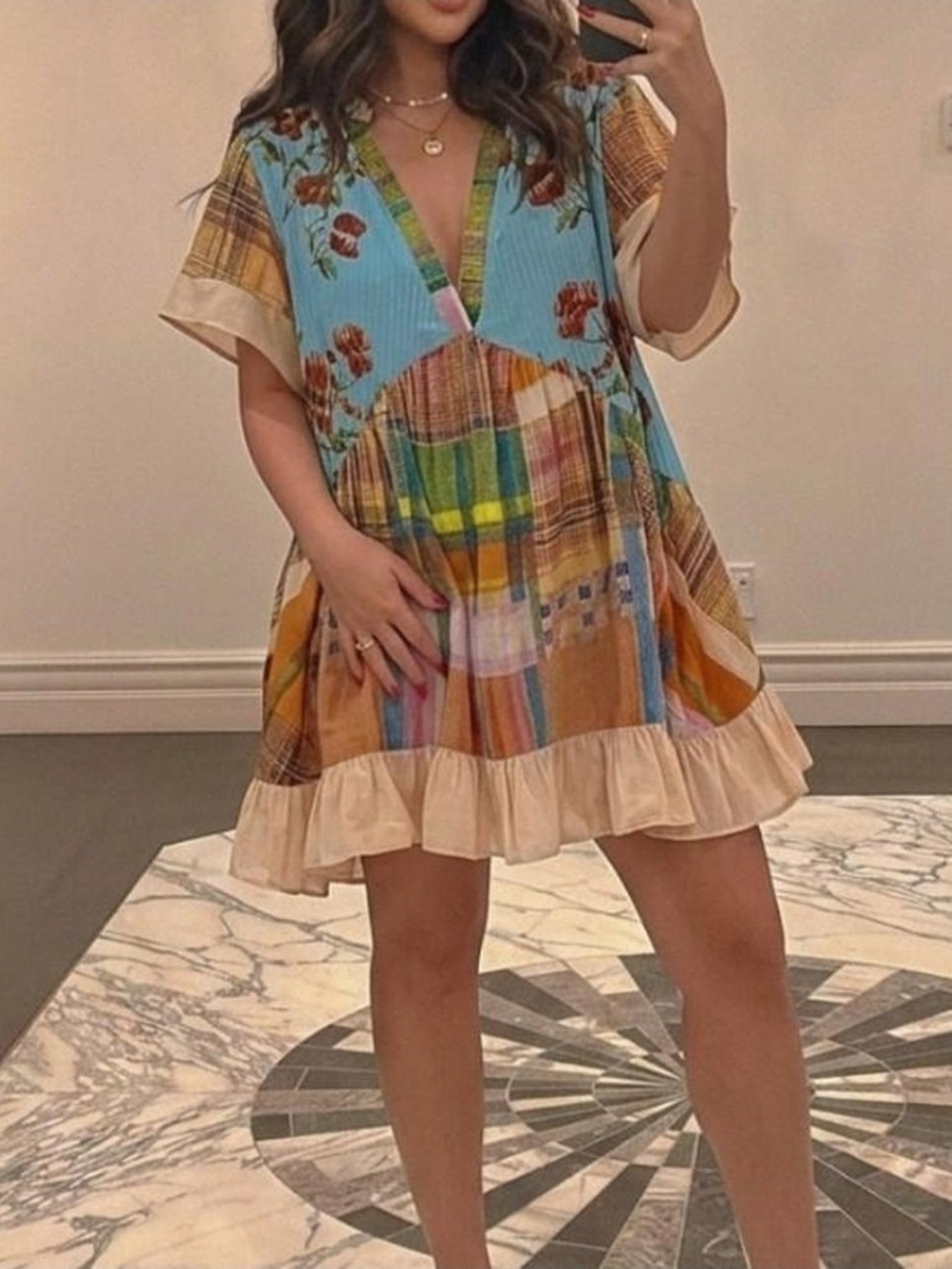 Patchwork V-Neck Ruffle Hem Mini Dress in Blue & Tan